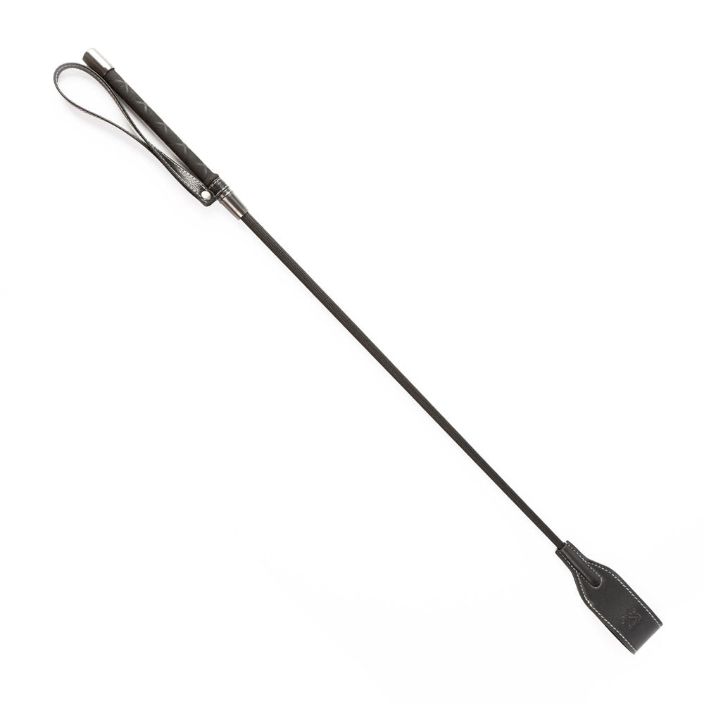 Faux leather riding crop with a non-slip grip and wrist loop.