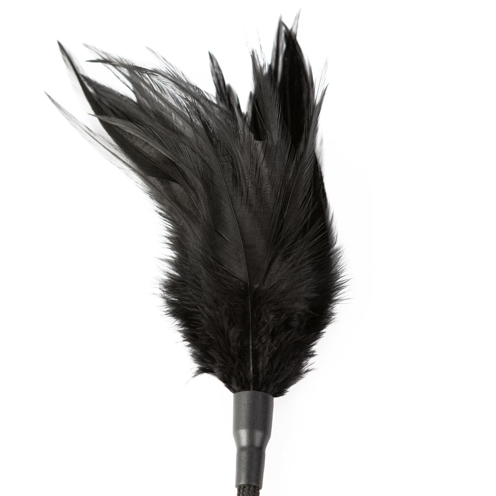 Black feather tickler attached to a riding crop handle.