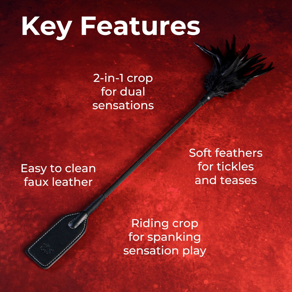 Dual-ended riding crop and feather tickler with faux leather.