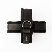 Black velvet wrist cuffs with D-rings and adjustable straps.