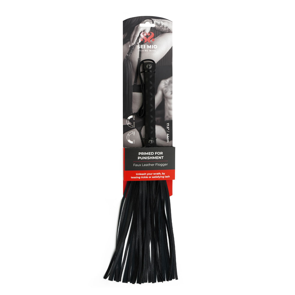Faux leather flogger with a non-slip handle and multiple black falls.
