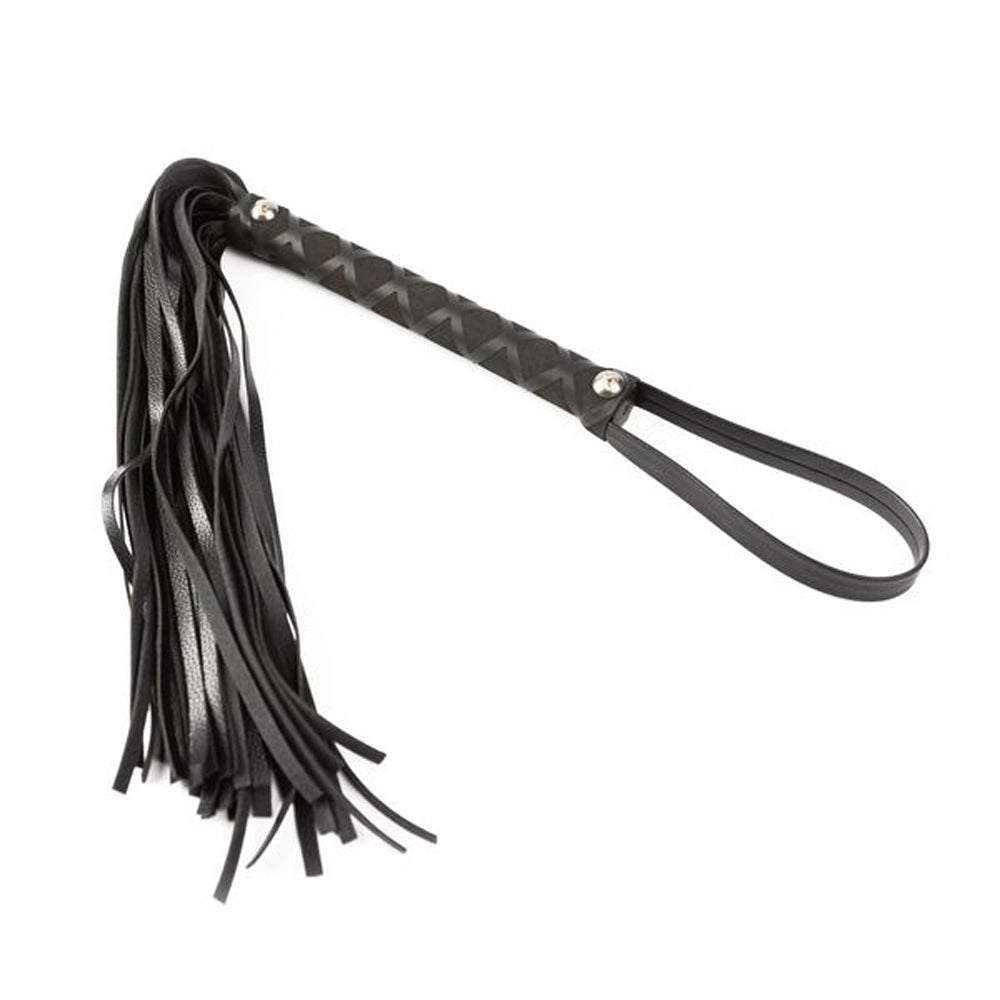 Black faux leather flogger with a braided handle and wrist loop.