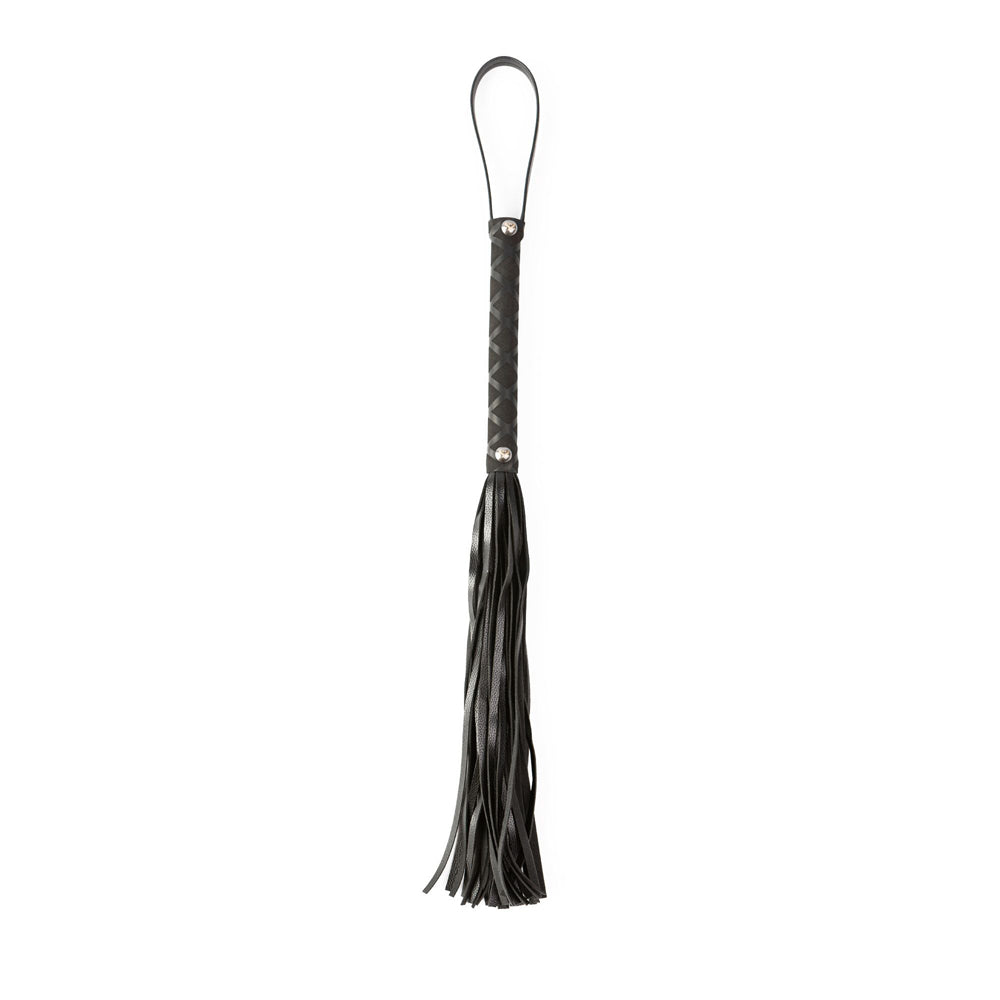 Black faux leather flogger with a braided handle and a loop.