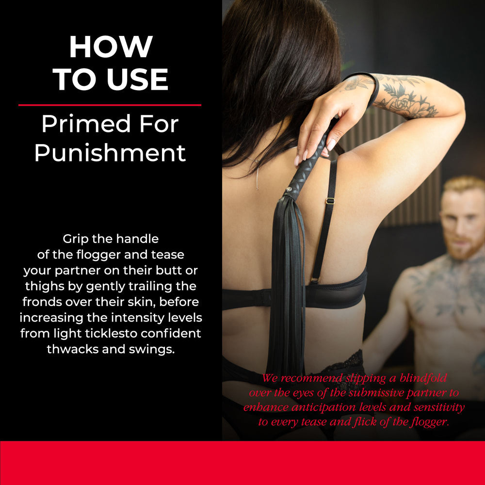 Faux leather flogger with a non-slip handle and black falls.