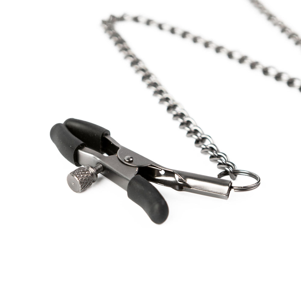 Adjustable clamp with a chain and silicone tips.