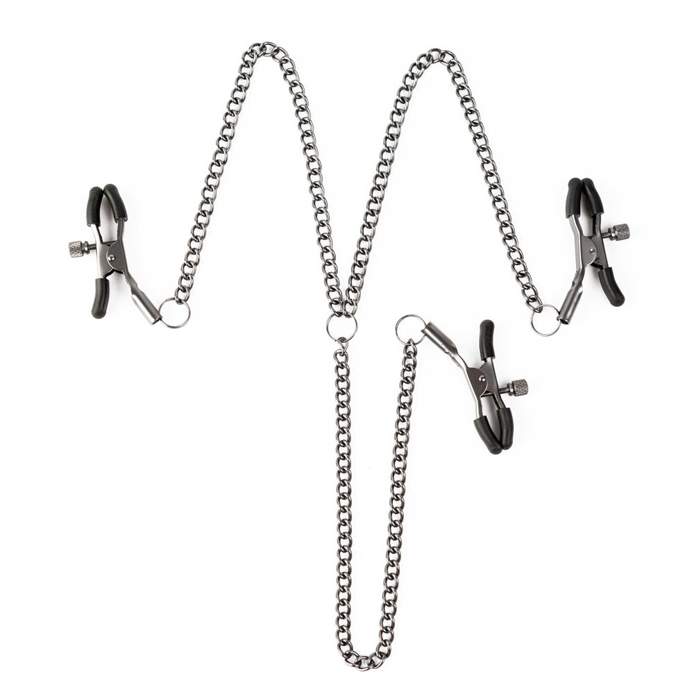 Adjustable metal clamps with chains and silicone tips.