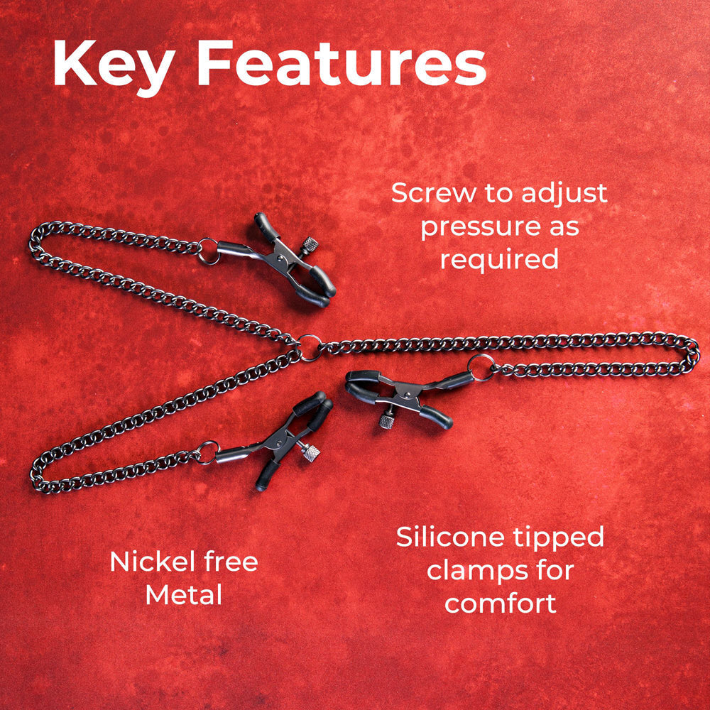 Adjustable clamps with chains, nickel-free metal, and silicone tips.