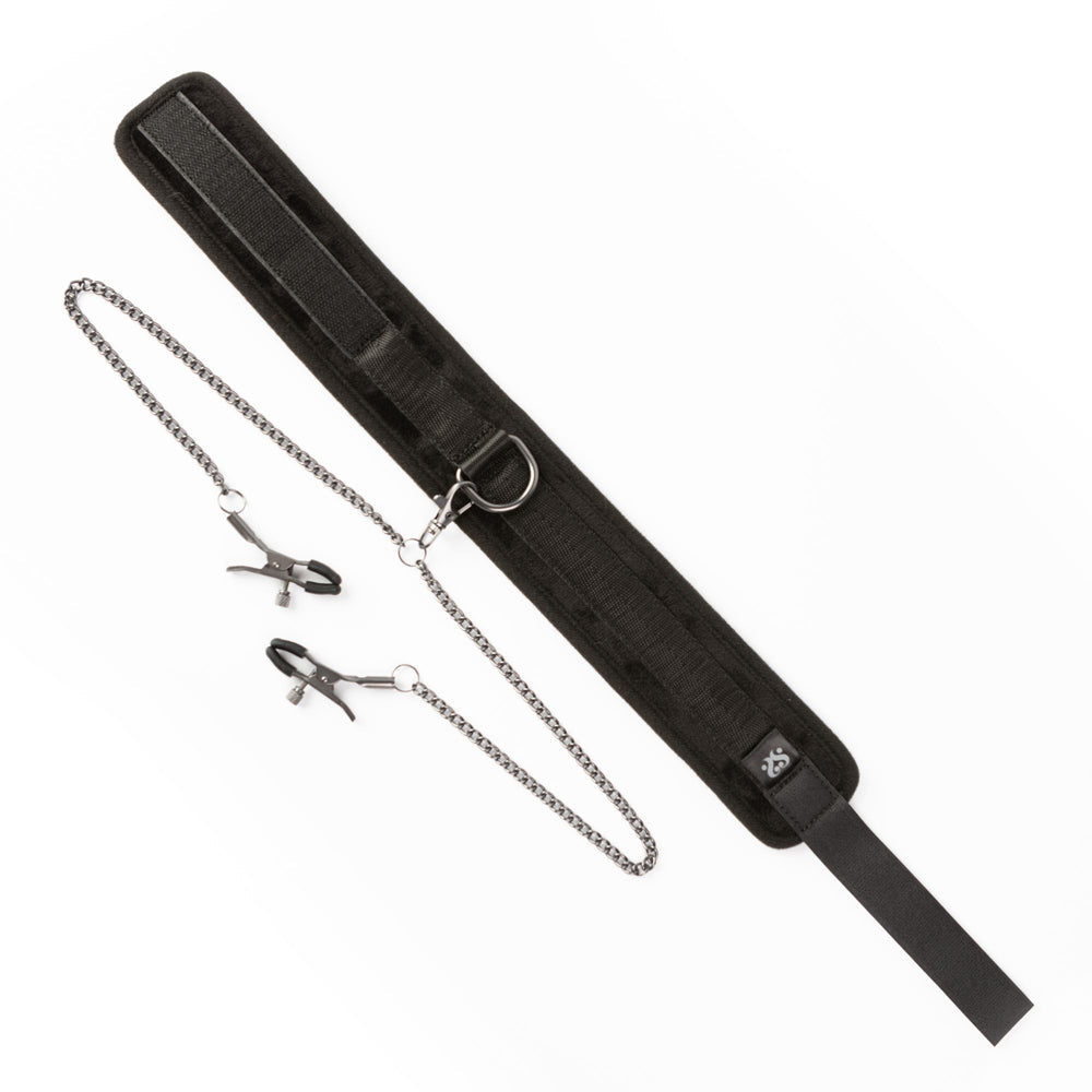 Black faux leather collar with adjustable nipple clamps and chains.