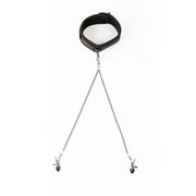 Adjustable faux leather collar with two silver nipple clamps and chains.