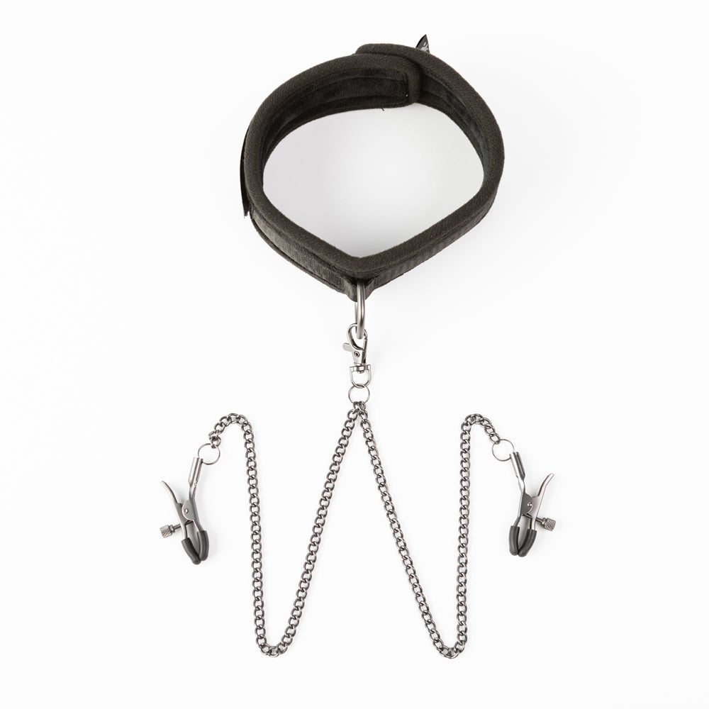 Adjustable faux leather collar with two metal nipple clamps and chains.