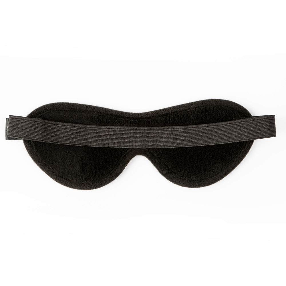 Black velvet blindfold with elastic strap.