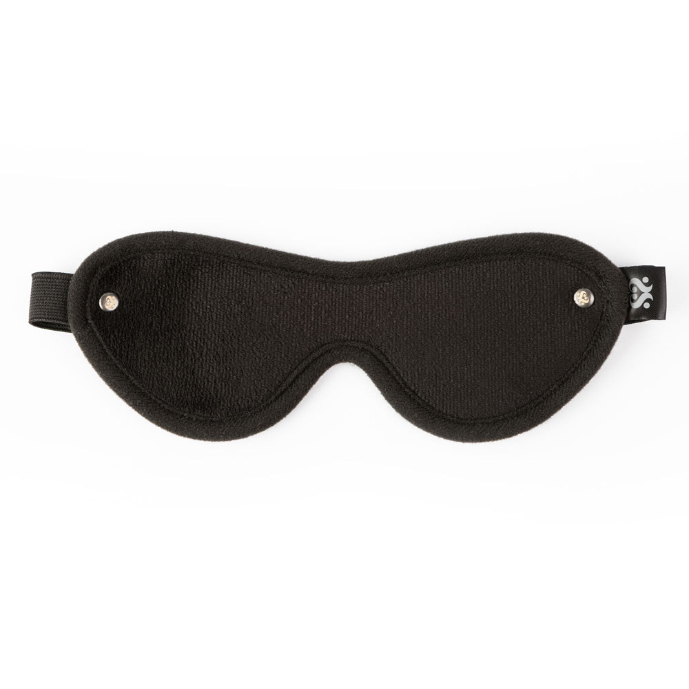 Black velvet blindfold with silver studs and elastic strap.