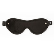 Black velvet blindfold with silver studs and elastic strap.