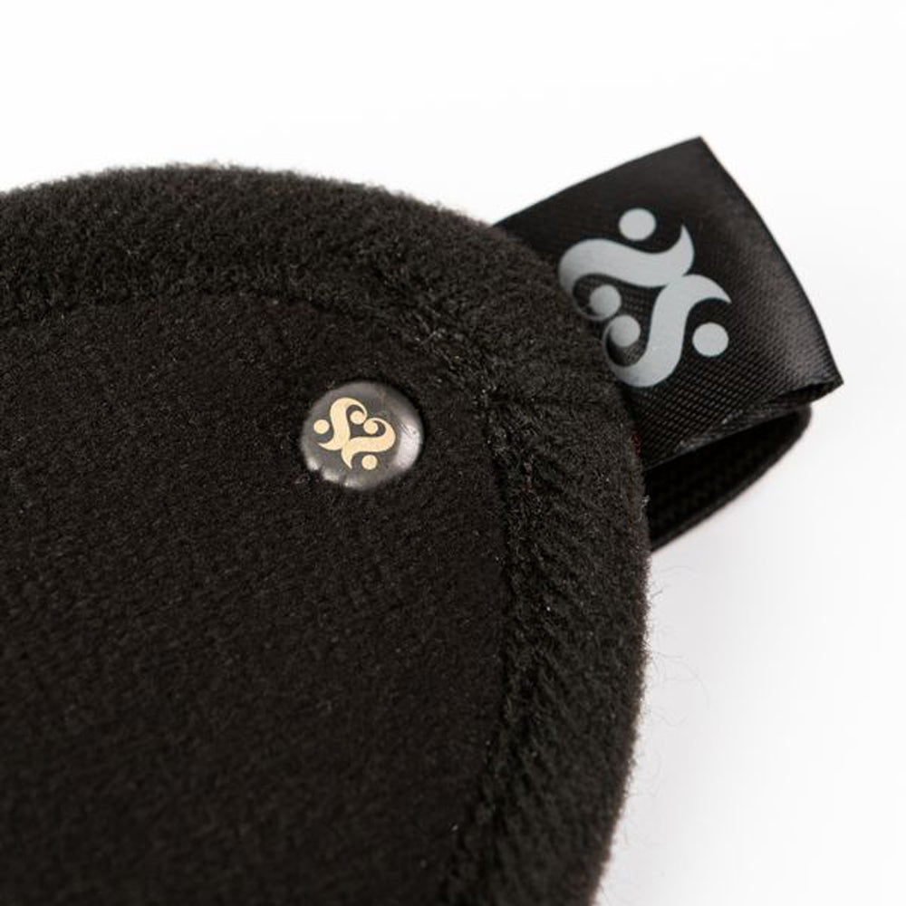 Black velvet blindfold with a gold logo and a grey logo on a black ribbon.
