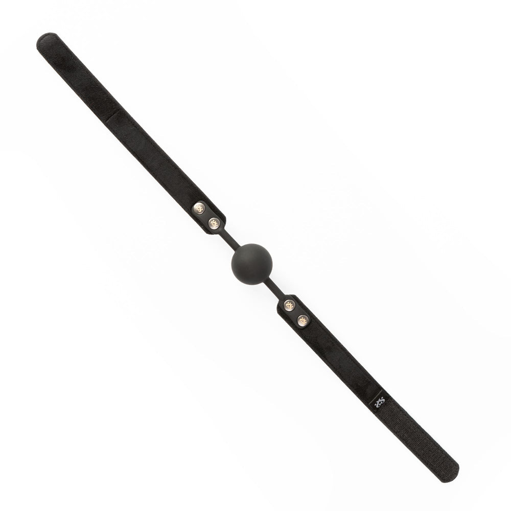 Black velvet strap ball gag with silver snaps.