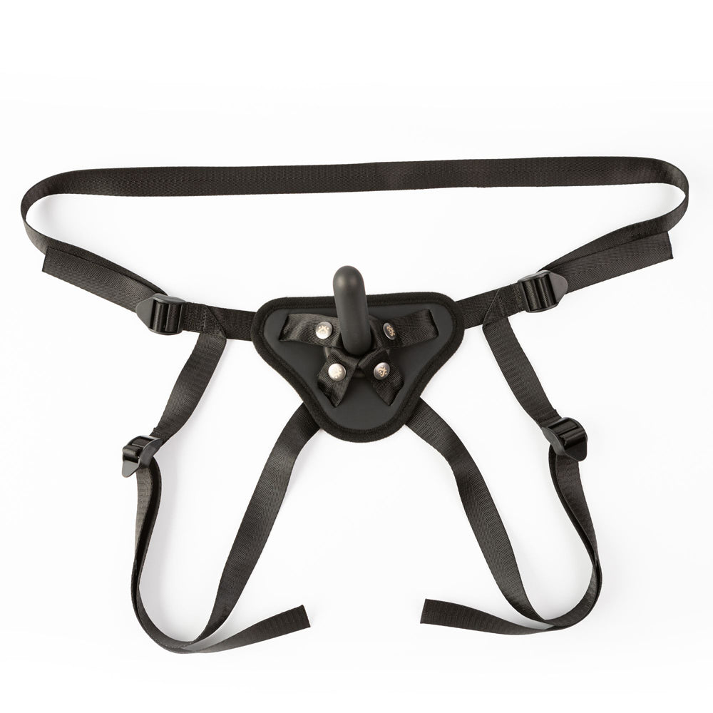 Adjustable black strap-on harness with a black silicone dildo.