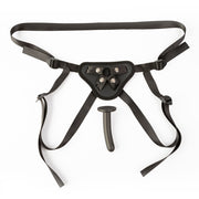 Adjustable strap-on harness with a black silicone dildo.