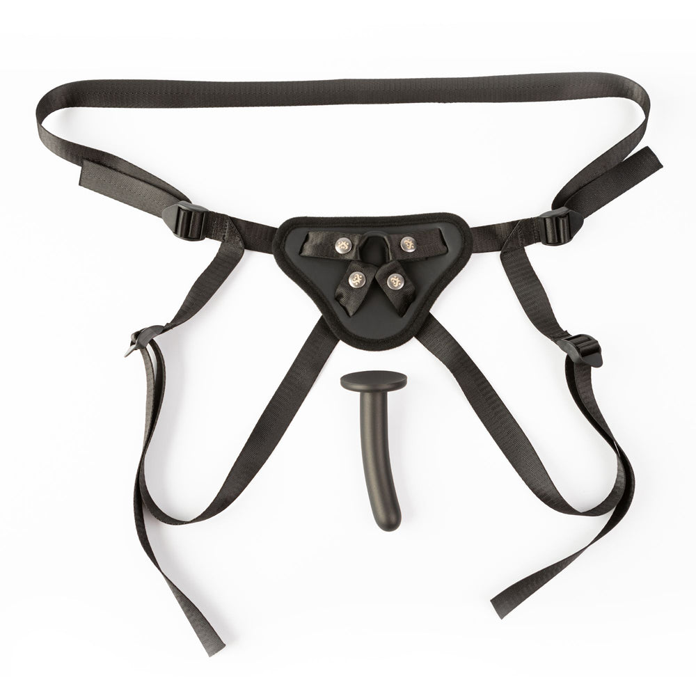 Adjustable strap-on harness with a black silicone dildo.