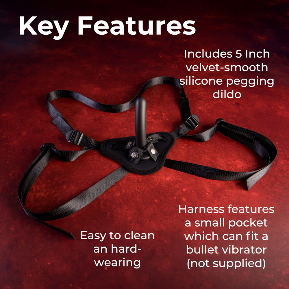 Adjustable strap-on harness with a black silicone dildo.