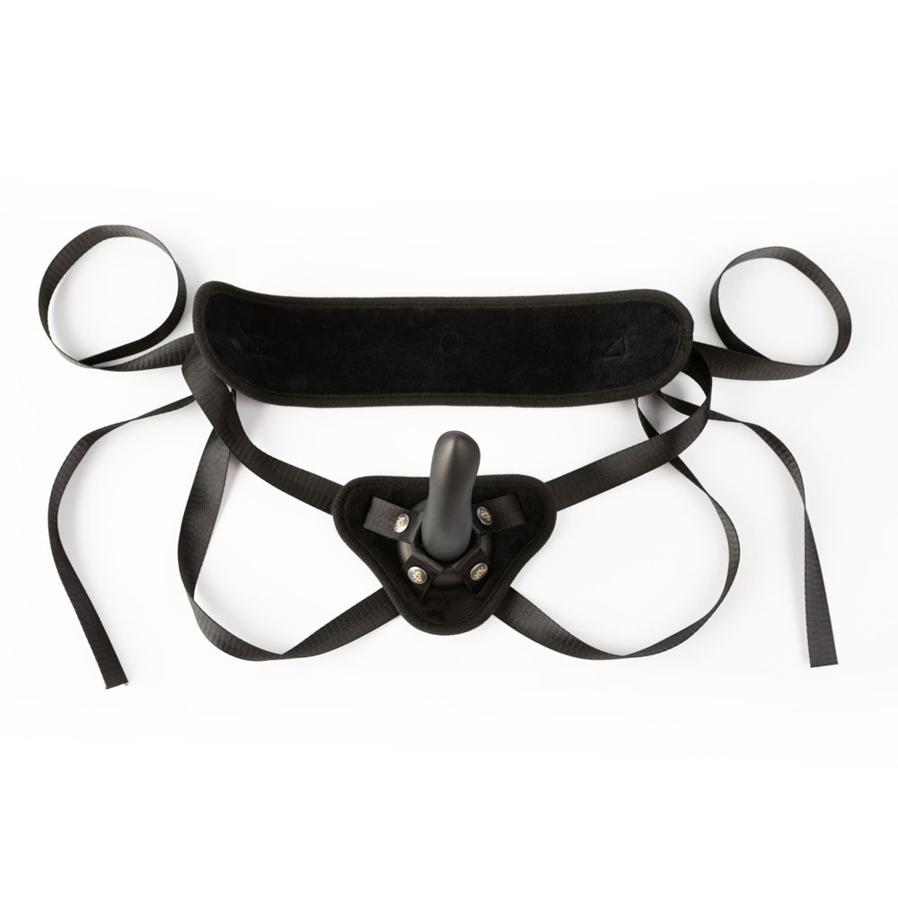 Black adjustable strap-on harness with a black dildo.