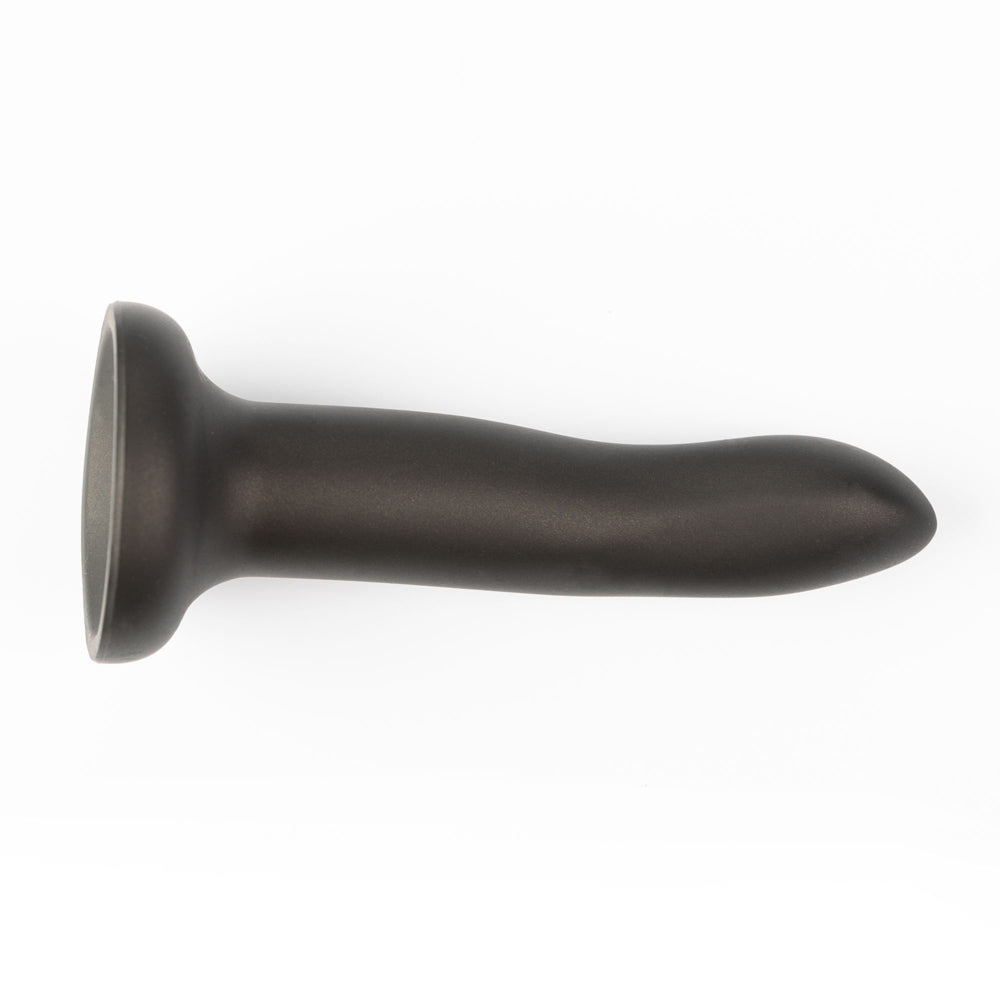 A dark gray, curved silicone dildo with a flared base.