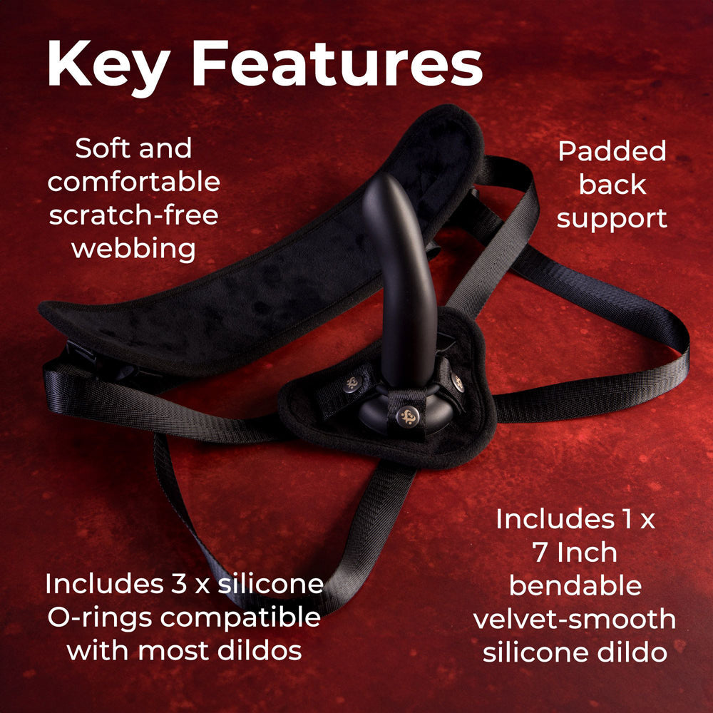 Adjustable strap-on harness with a black silicone dildo and padded back support.