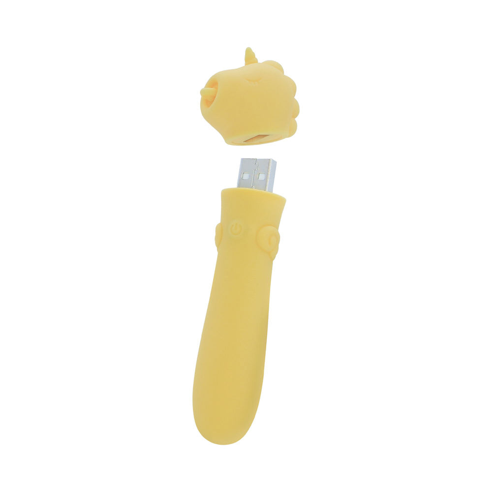 Yellow unicorn-shaped USB vibrator with cap removed.