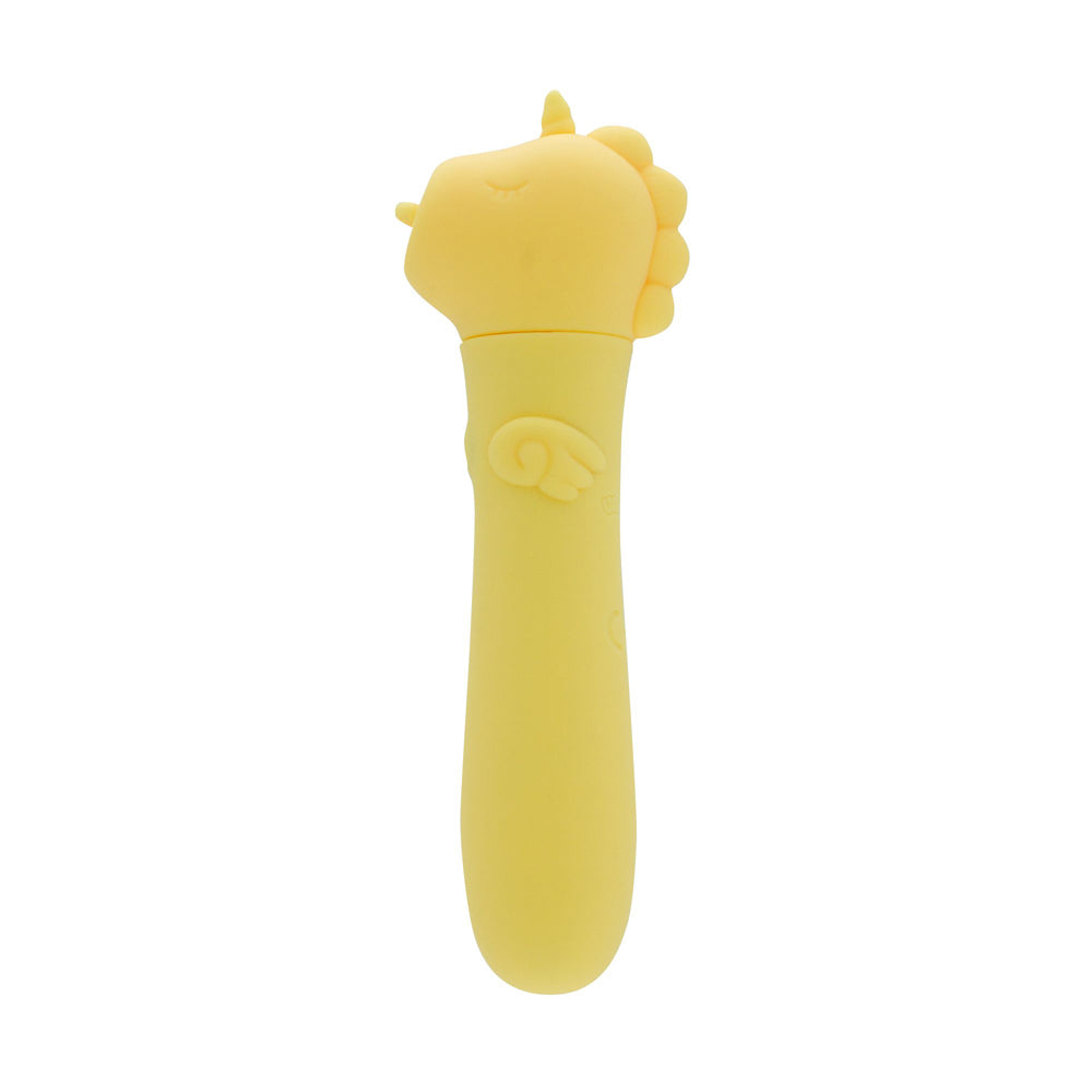 A yellow unicorn-shaped silicone bullet vibrator with a curved handle.