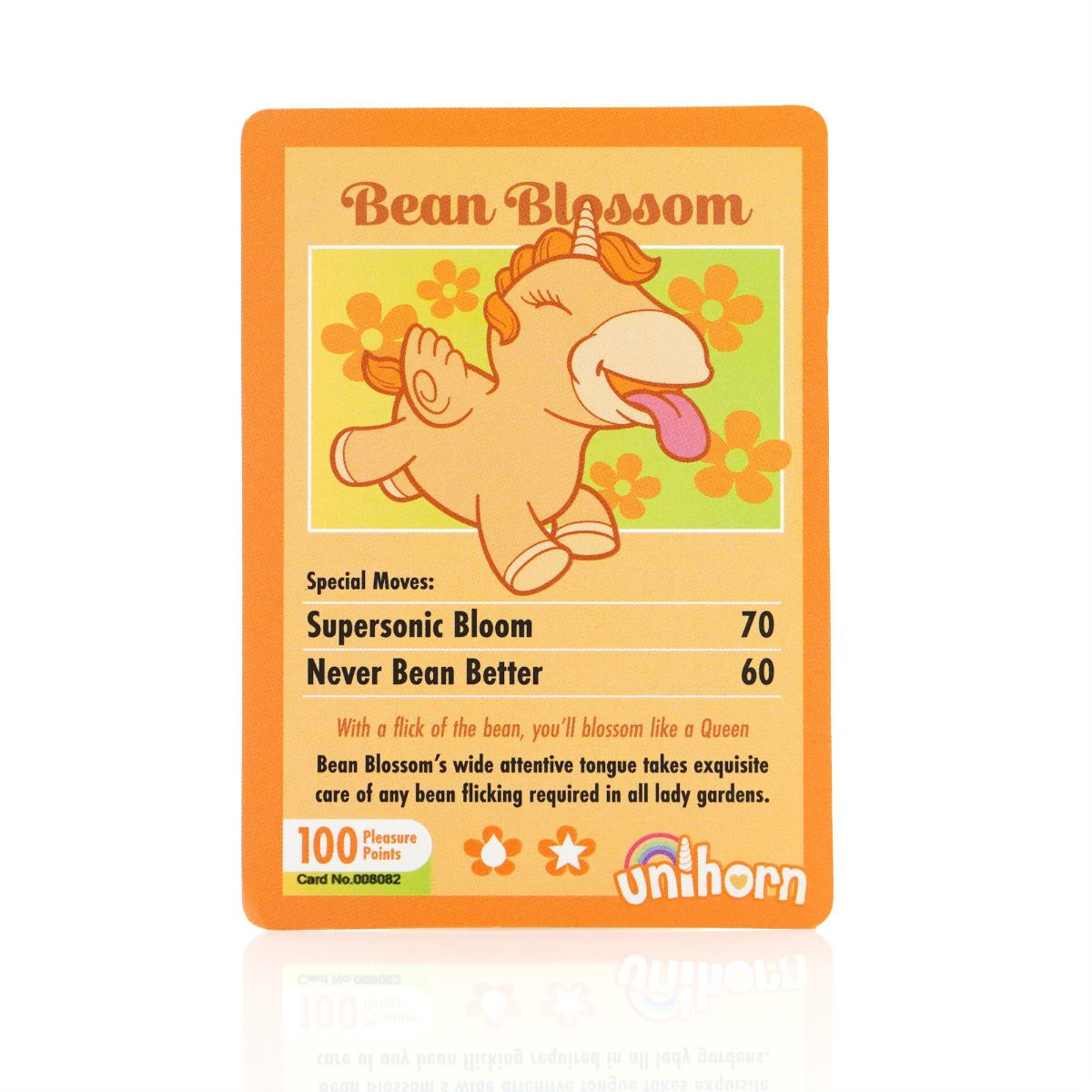 A card for the Unihorn Bean Blossom silicone tongue vibrator with a cartoon unicorn.