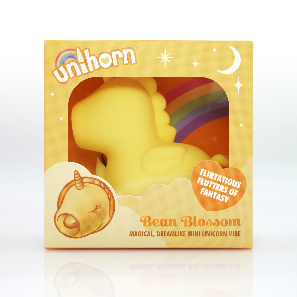 A yellow unicorn toy with a rainbow mane in a yellow box with "Unihorn" and "Bean Blossom" text.
