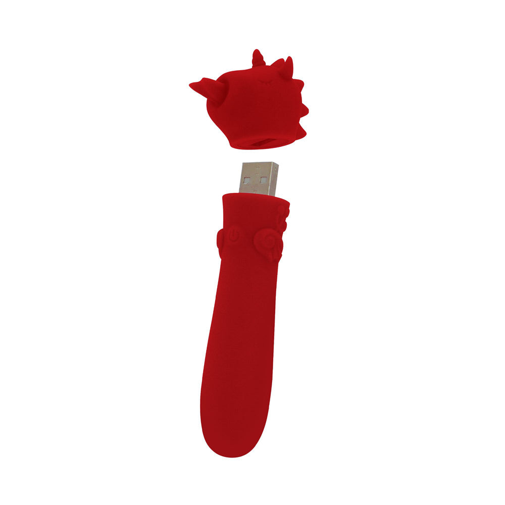 Red devil-shaped USB vibrator with cap removed.