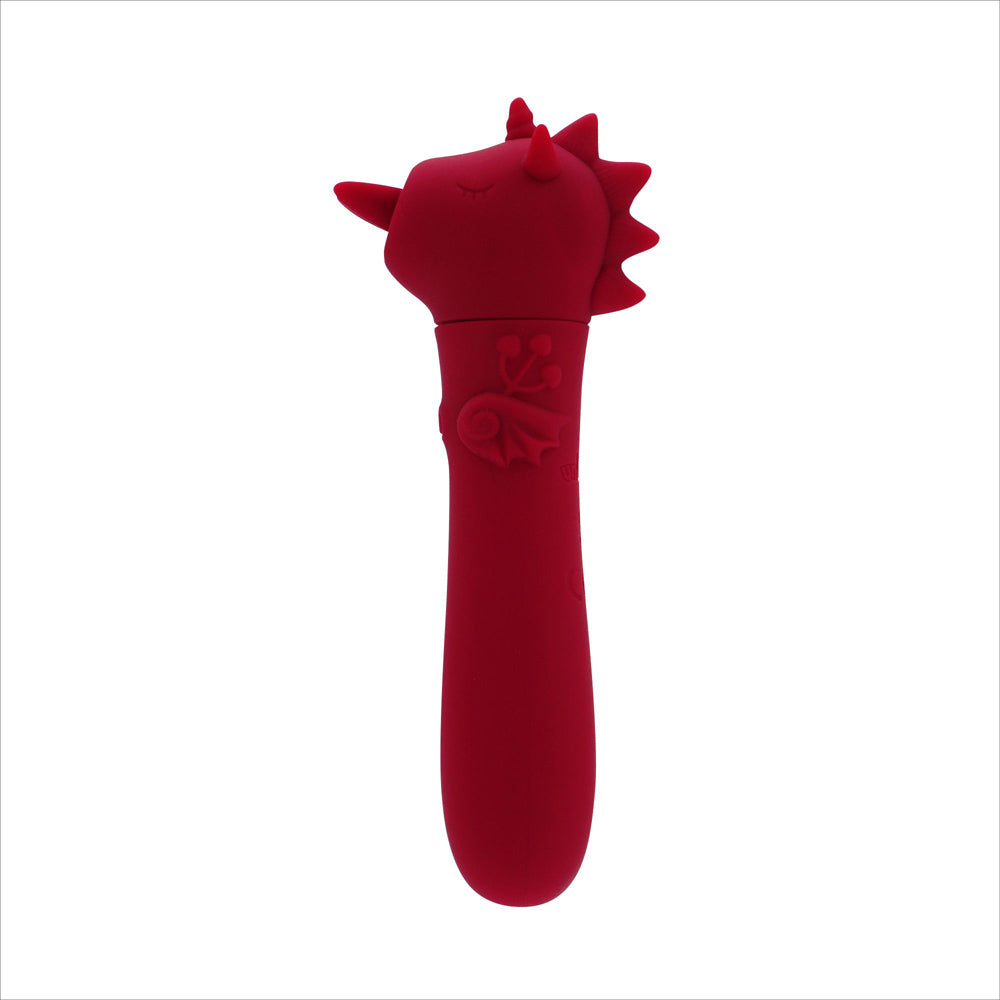Red silicone bullet vibrator with a dragon-like head and embossed design.
