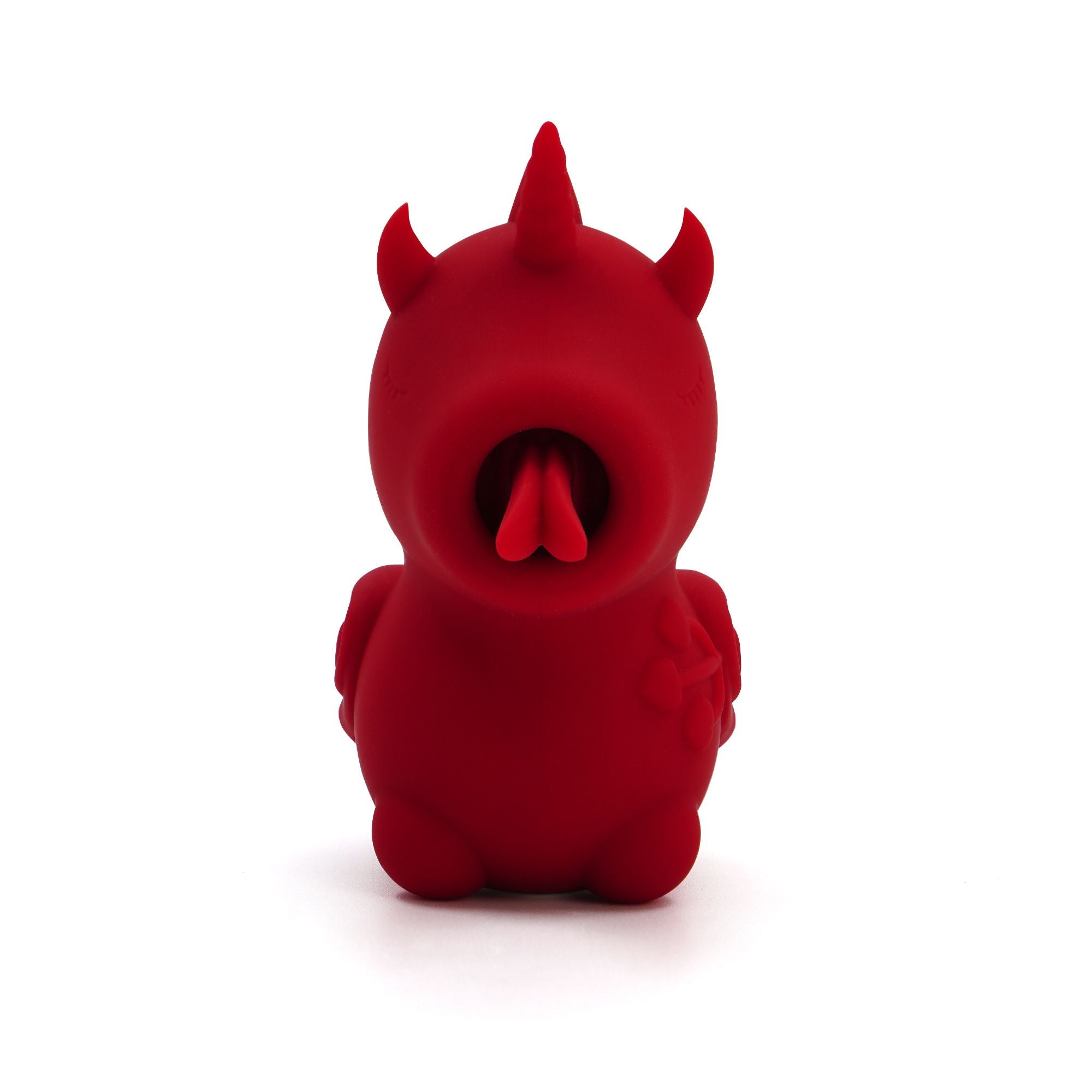 Red devil-shaped dual clitoral stimulator with horns and a horn.