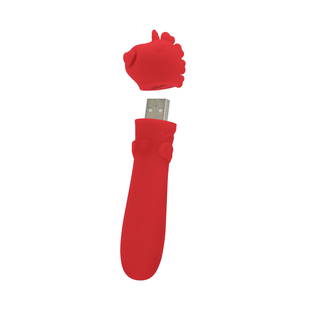 Red silicone USB vibrator shaped like a chicken with its cap off.