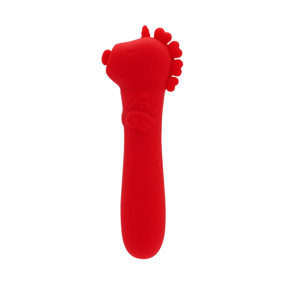 Red silicone unicorn-shaped bullet vibrator with USB charging.