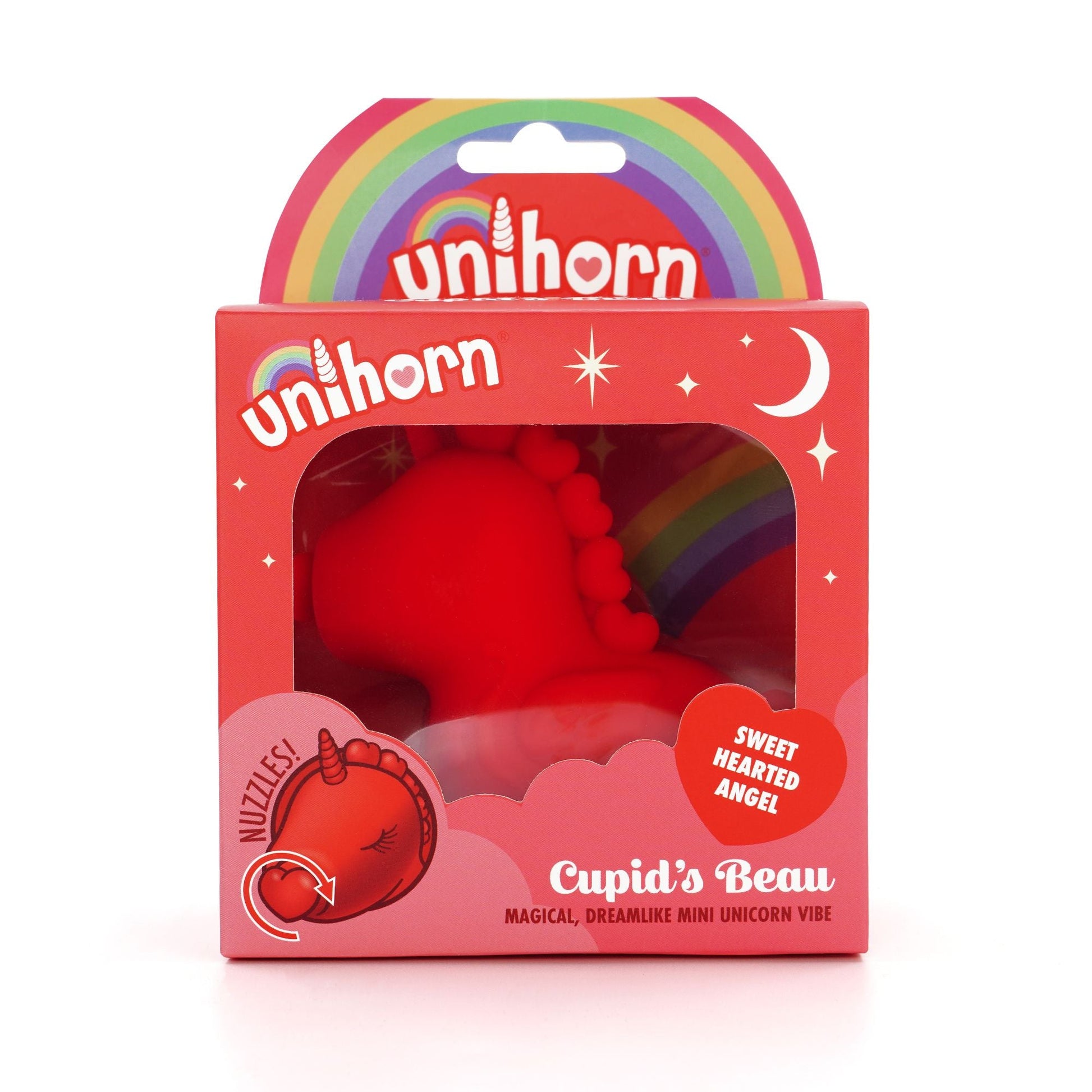 A red unicorn-shaped clitoral stimulator in its packaging.