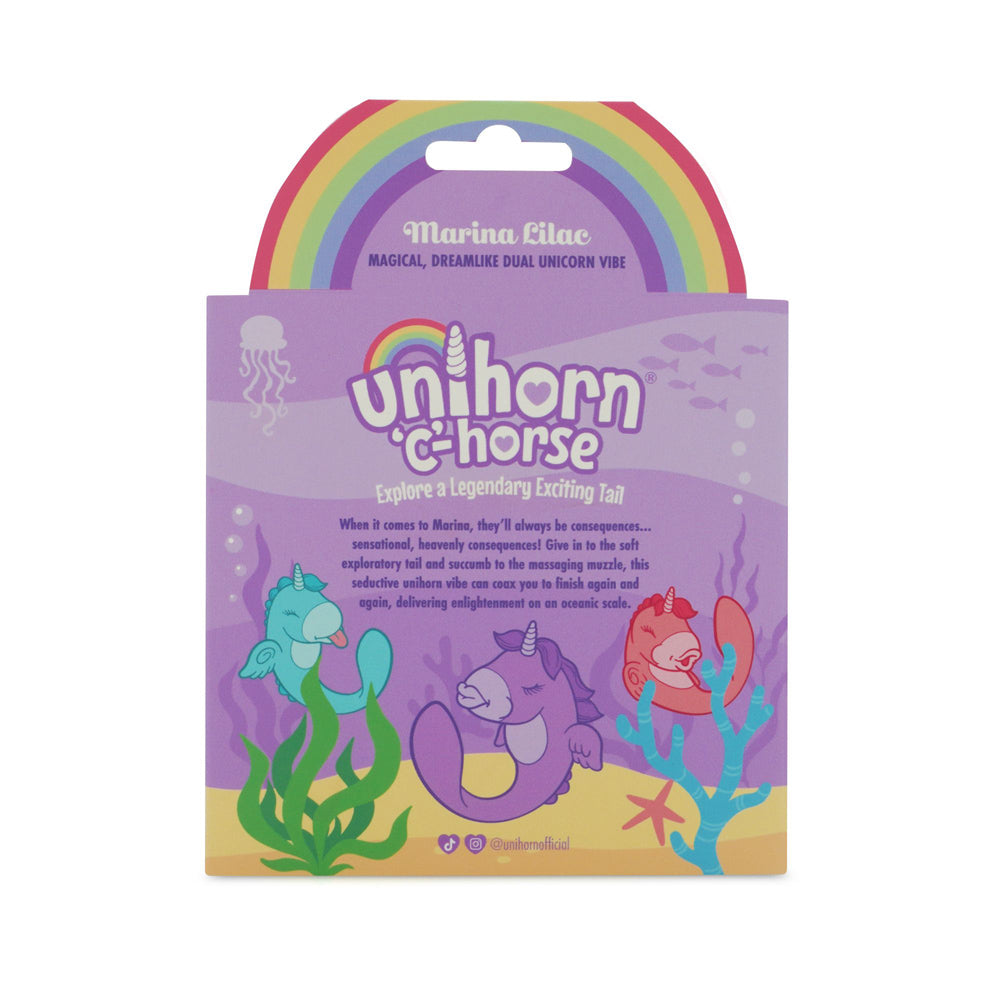 Unihorn C-Horse silicone dual motor massager in Marina Lilac with unicorn and sea creature illustrations.
