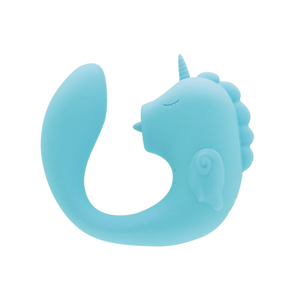 Blue silicone unicorn-shaped dual motor stimulator.