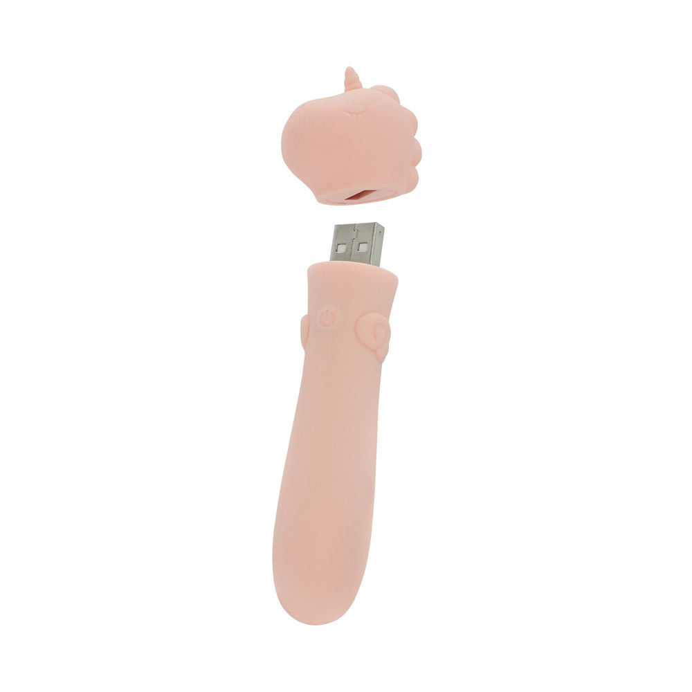 Pink unicorn horn shaped USB vibrator with cap.