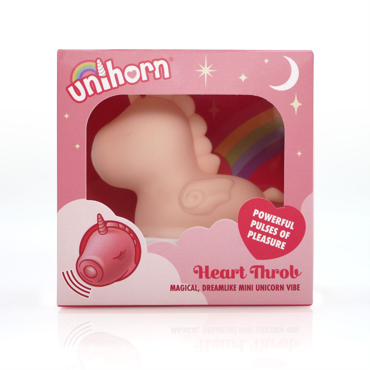 A pink box with a unicorn toy and text that says "Unihorn Heart Throb".
