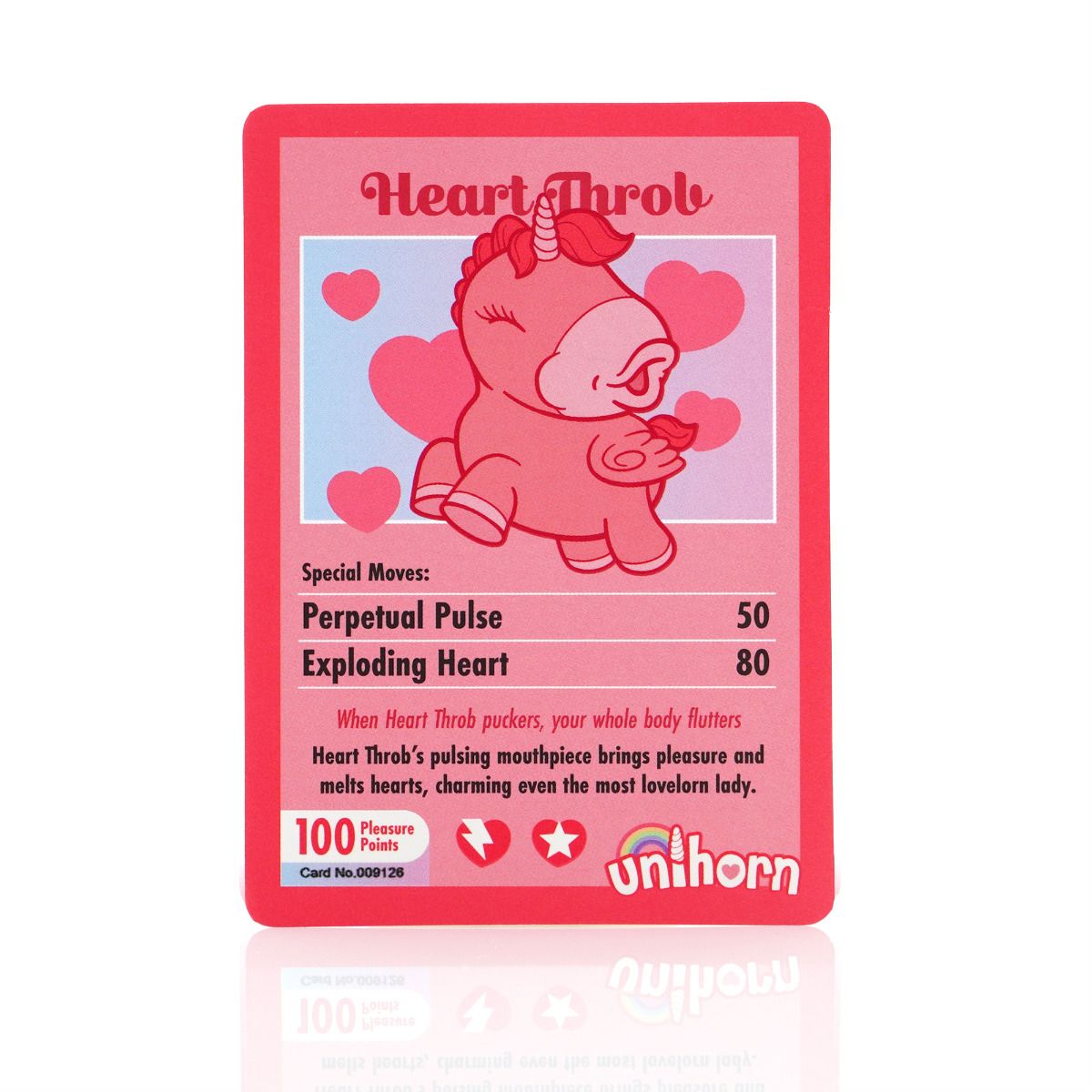 A pink unicorn card with "Heart Throb" text and stats.