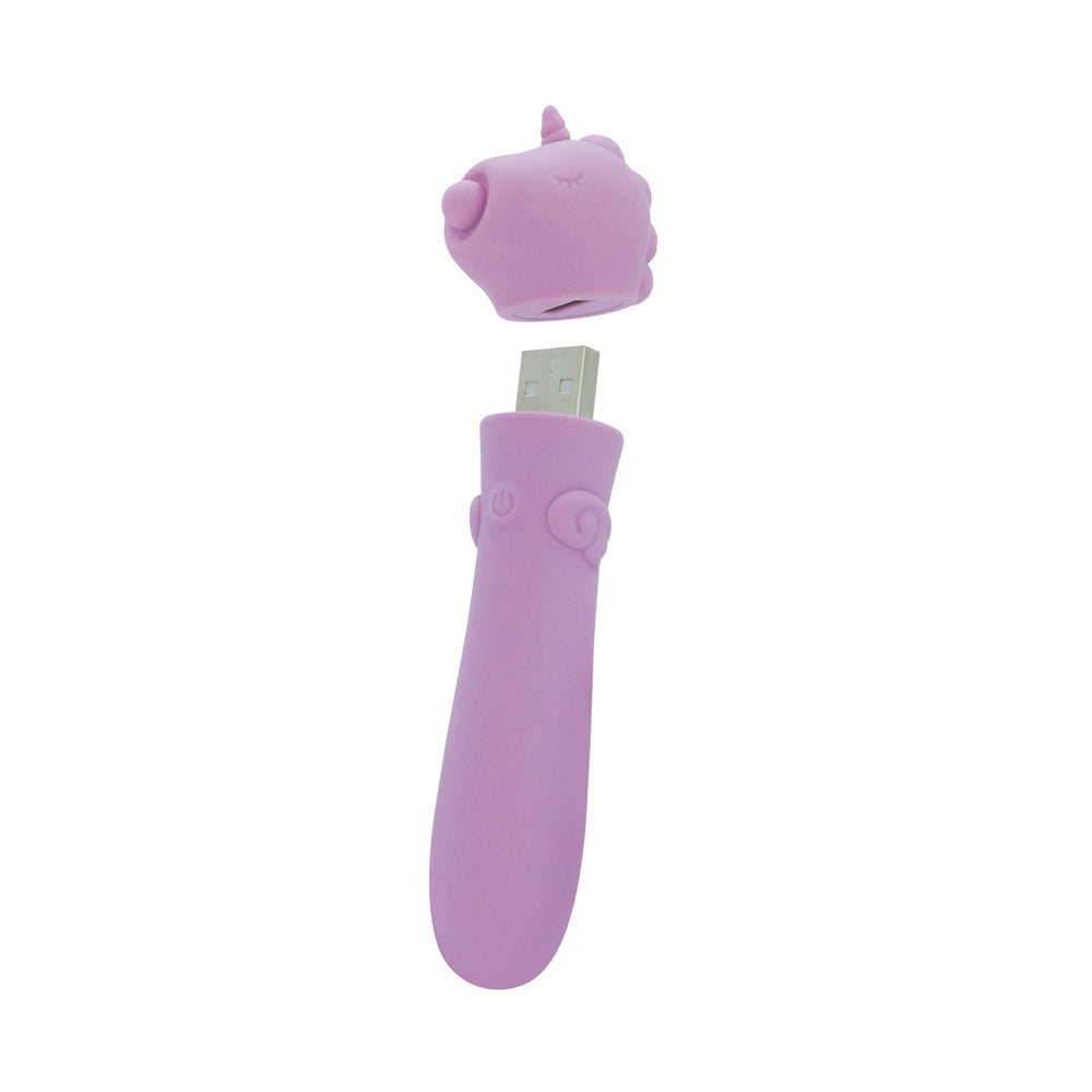A lilac silicone bullet vibrator with a unicorn horn cap and USB charging port.