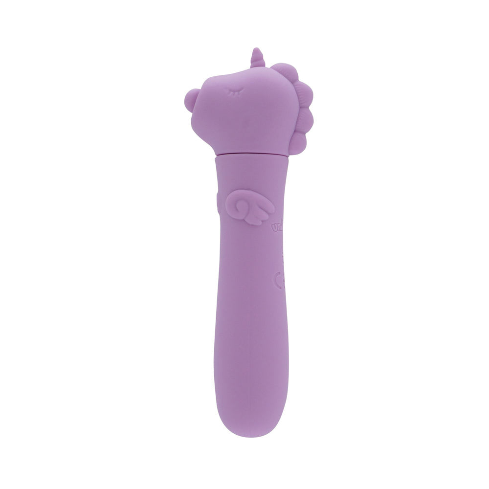 A lilac silicone bullet vibrator shaped like a unicorn.