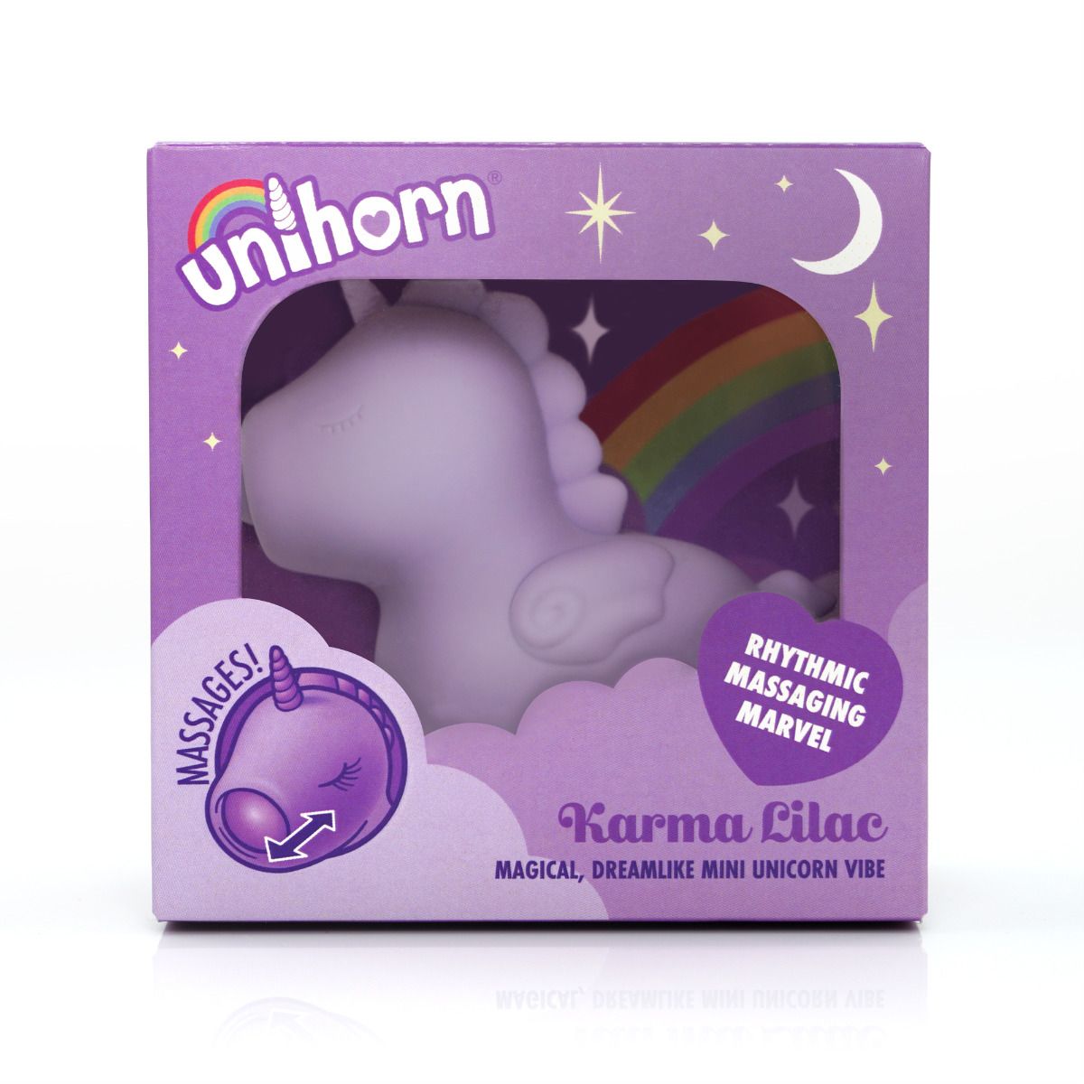 Purple Unihorn Karma Lilac vibrator packaging with unicorn design.