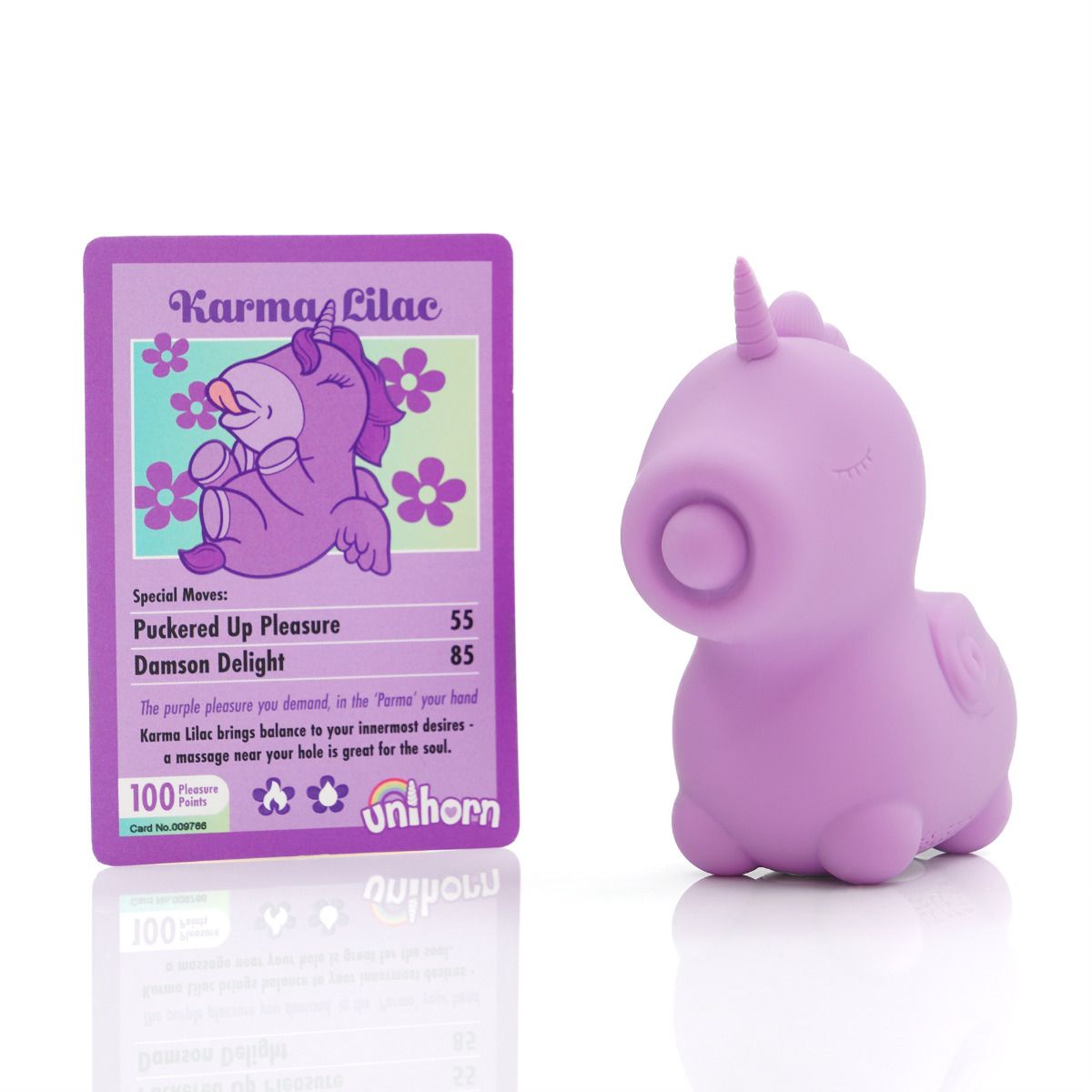 A purple unicorn-shaped vibrator and its matching collectible card.