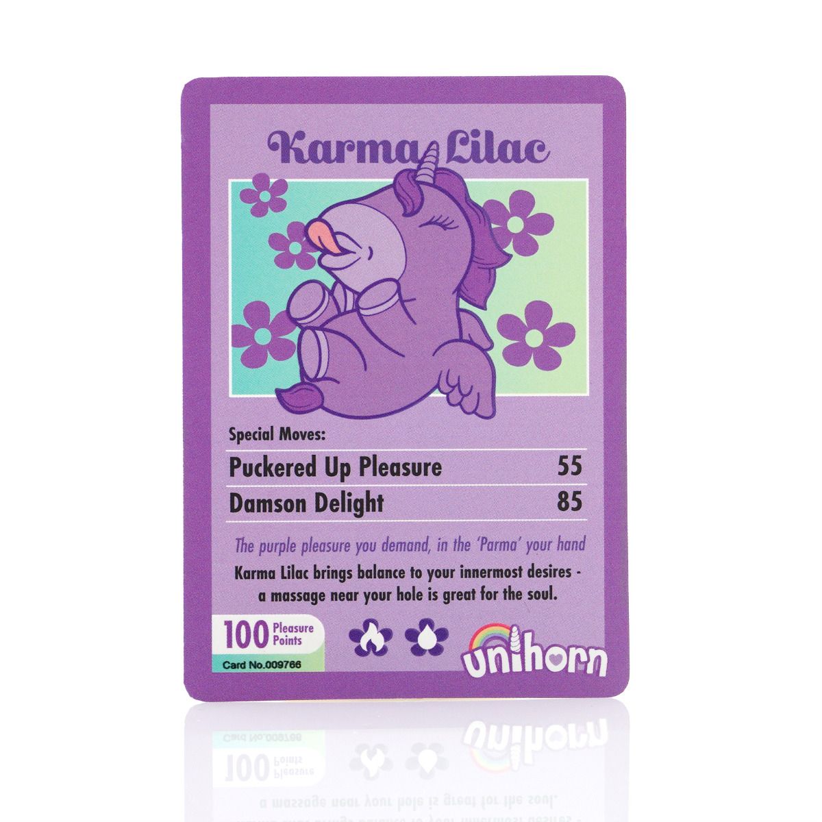 A purple unicorn card with "Karma Lilac" at the top and a description of its special moves and pleasure points.