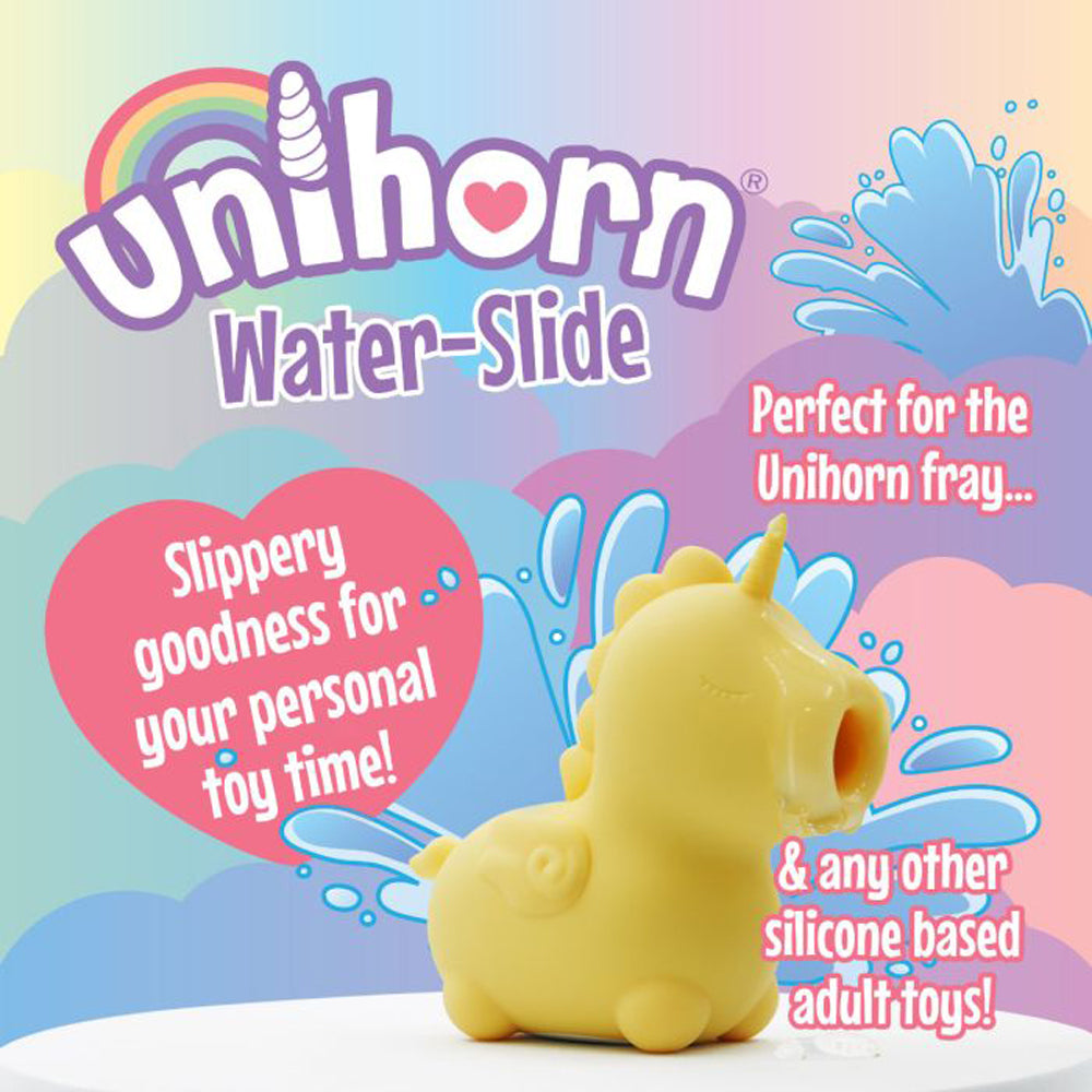 A yellow Unihorn water-slide toy with text about personal toy time.