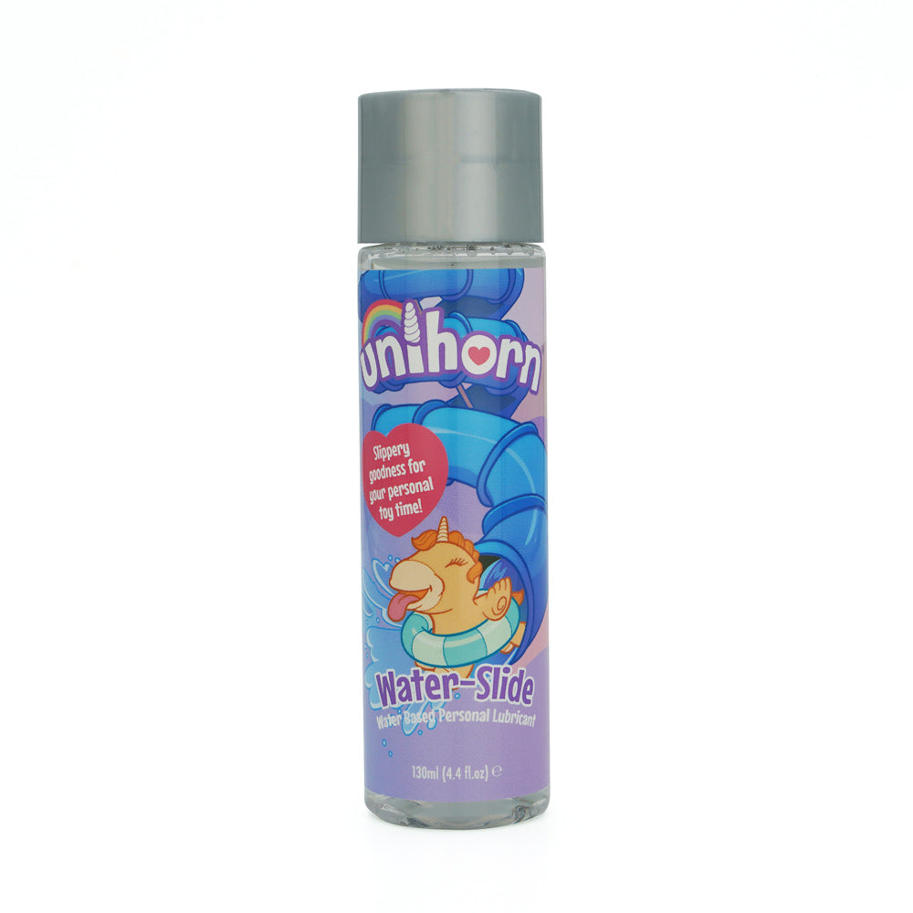 A bottle of Unihorn Water-Slide personal lubricant with a unicorn on a water slide.