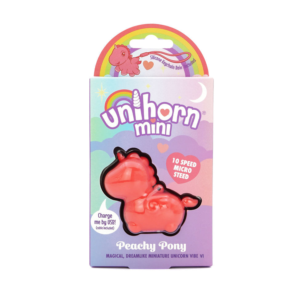 A pink unicorn-shaped mini vibrator with "Unihorn mini" and "Peachy Pony" text.