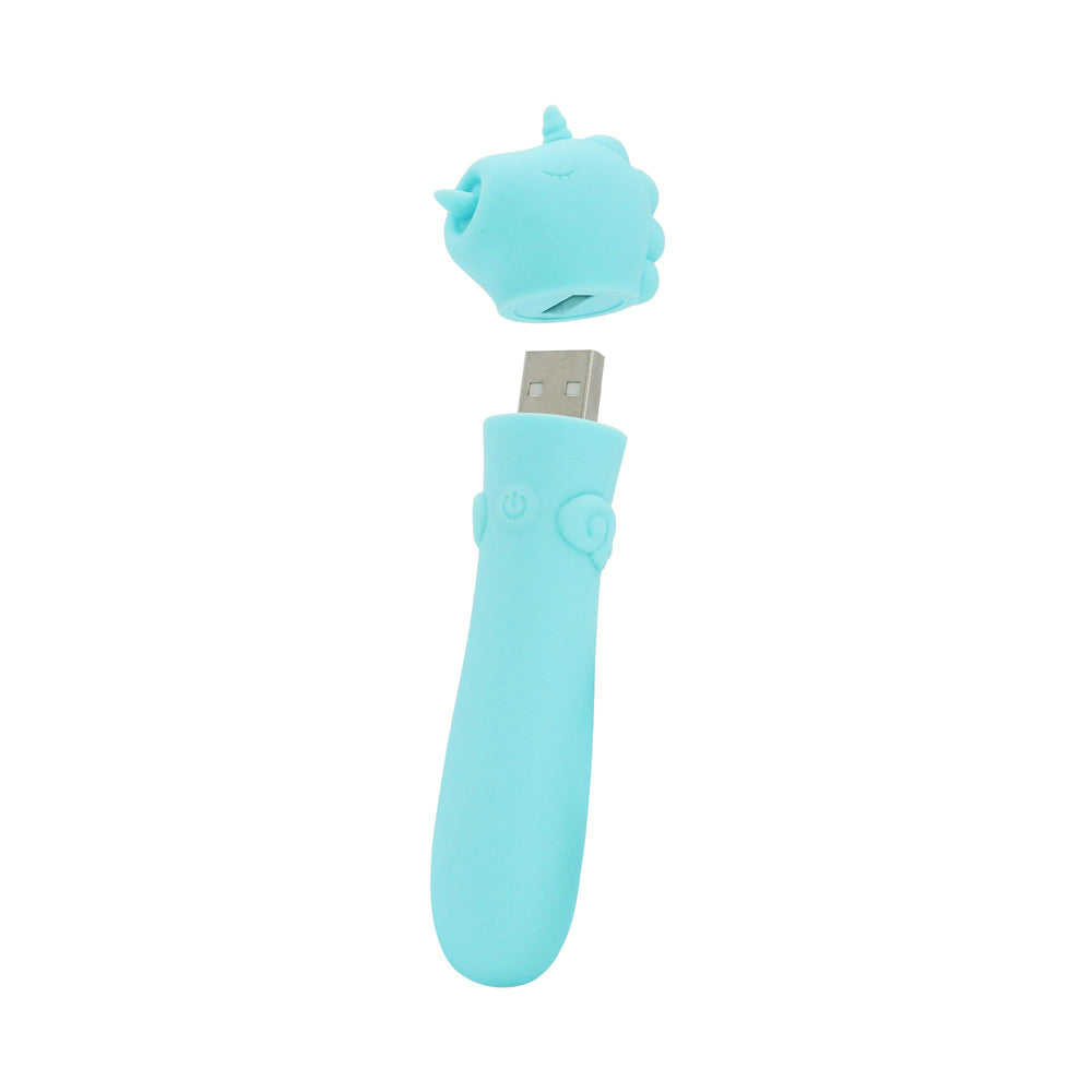 A teal silicone bullet vibrator with a unicorn horn cap and USB charging port.
